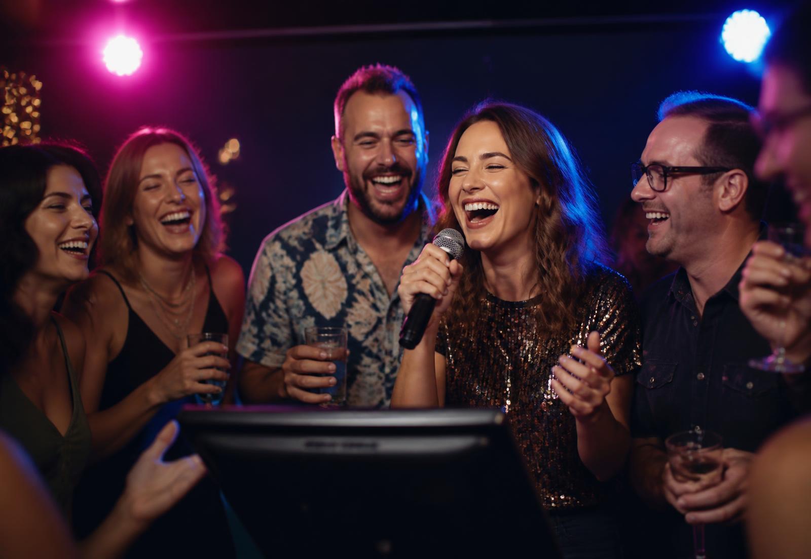 Amigos adultos cantando e se divertindo com microfone em uma festa com Videokê